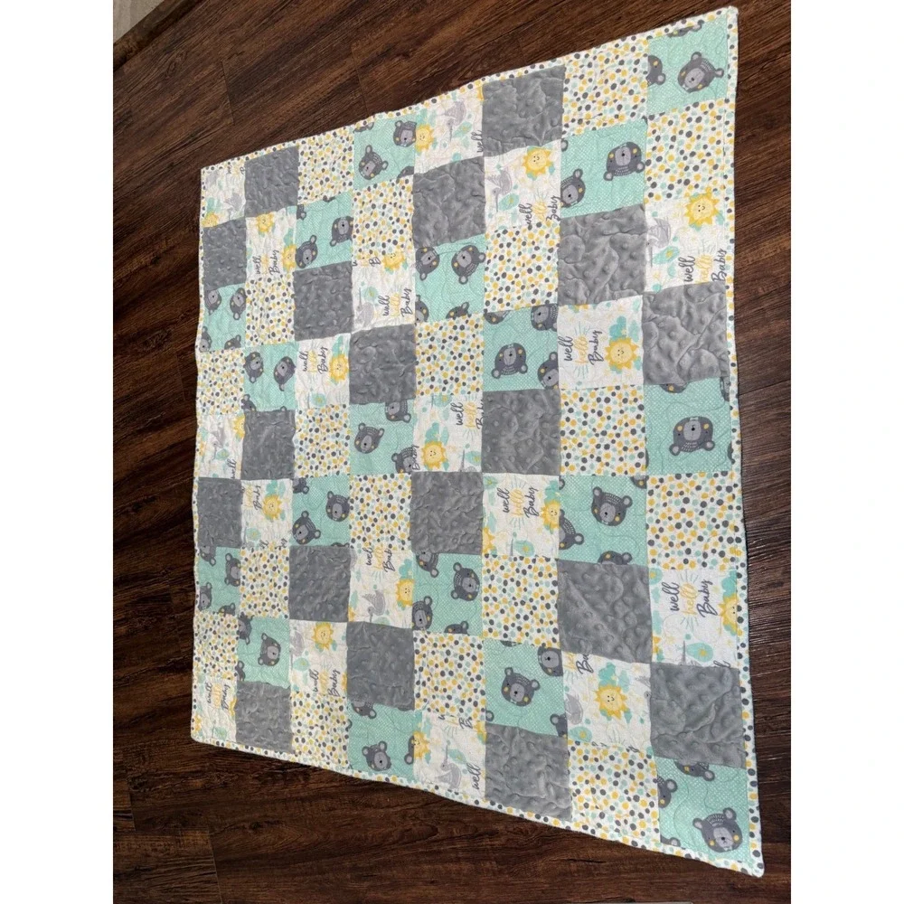 Patchwork Baby Blanket Quilt Squares Bear Lion Sun Nursery Decor Gift 44